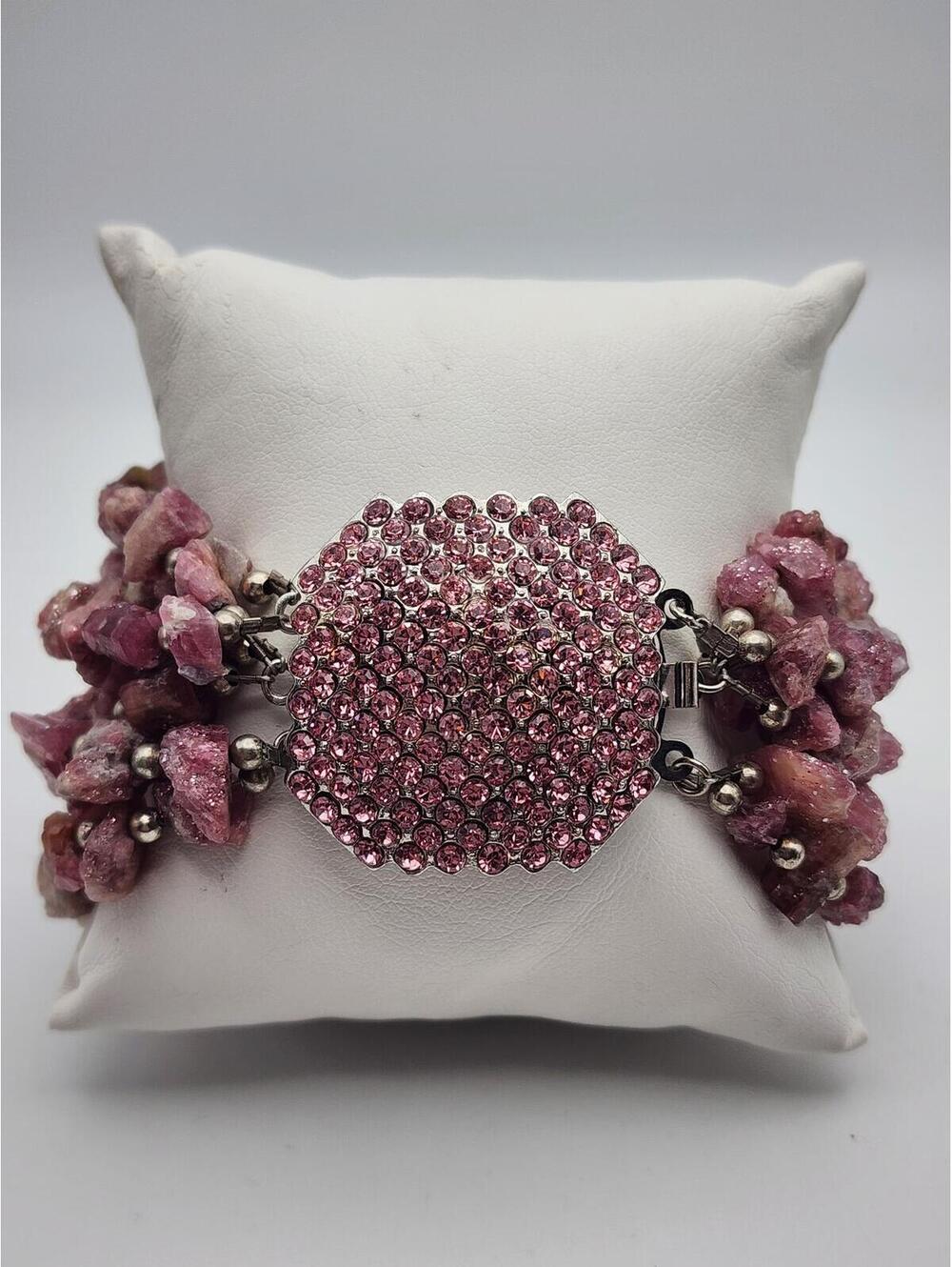 Chunky Pink Multi-Strand Rough Raw Tourmaline Bracelet with Rhinestone Clasp